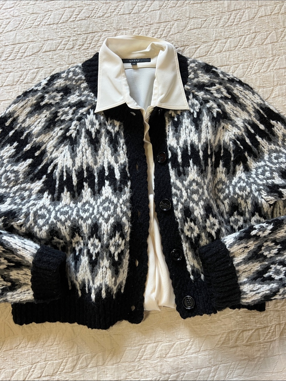 J. Crew Black and White Fair Isle Knit Cardigan